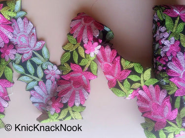 Black Velvet Fabric Trim With Pink / Blue And Green Floral Embroidery, 76mm wide - 200317L268 / 69